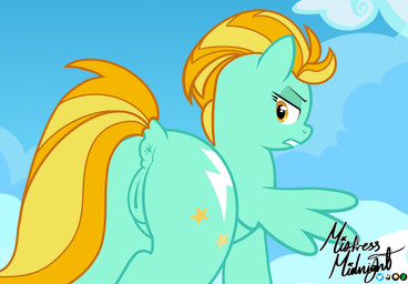 anus clenched_teeth dock_(anatomy) female feral frustrated genitals looking_back on_model puffy_anus simple_background solo spread_wings tail tail_aside teeth vulva wings mistressmidnight friendship_is_magic hasbro my_little_pony mythology lightning_dust_(mlp) equid equine horse mammal mythological_creature mythological_equine pegasus pony hi_res