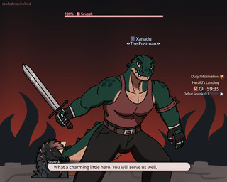 anthro armband belt bottomwear claws clothed clothing dialogue duo fangs fingerless_gloves fully_clothed gameplay_mechanics gloves green_body green_scales handwear male melee_weapon pants purple_eyes scales shirt solo_focus sword tail tank_top teeth text topwear weapon yellow_sclera scalednspiralled final_fantasy final_fantasy_xiv mythology square_enix sevosk xanadu_(scalednspiralled) crocodile crocodilian dragon mythological_creature mythological_scalie reptile scalie 5:4 english_text hi_res