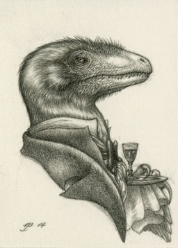 alcohol anthro beverage bow_tie butler claws clothed clothing container cup drinking_glass feathers glass glass_container glass_cup male realistic ruffled_sleeves scales serving_tray sharp_teeth solo teeth wine_glass himmapaan dinosaur dromaeosaurid feathered_dinosaur feathered_scalie prehistoric_species reptile saurischian scalie theropod 2014 bust_portrait dated graphite_(artwork) monochrome portrait sepia traditional_media_(artwork)