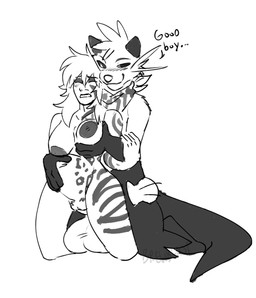 abdominal_bulge anthro balls big_balls breast_grab breasts bulge cuddling dialogue duo fondling_internal_bulge genitals gentle_sex grasp grope hand_on_breast intersex intersex/male male xxbrewbeastxx nintendo pokemon azoth spade_lovelight dewott generation_5_pokemon human mammal pokemon_(species) hi_res monochrome