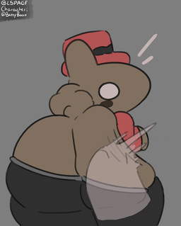 ambiguous_gender anthro black_bottomwear black_clothing black_pants blush bottomwear bottomwear_down buncolate_(bassybocco) butt_slap candy chocolate clothed clothing dessert duo food hat headgear headwear motion_lines pants pants_down partially_clothed paws red_clothing red_topwear scut_tail short_tail slap surprised tail topwear lspagf lagomorph leporid mammal rabbit absurd_res hi_res