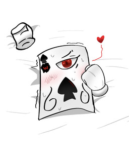 ace_of_spades ambiguous_gender anthro bed blush blush_lines bodily_fluids card clothing disembodied_hand first_person_view furniture gloves handwear heart_symbol looking_at_viewer lying lying_on_bed on_back on_bed playing_card solo spades_(suit) suit_symbol sweat sweatdrop top_pov lcdoesthings wildkaard_(lcdoesthings) animate_inanimate hi_res