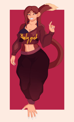 anthro athletic bare_shoulders barefoot big_ears bottomwear bra clothing fangs feet female fur hair hand_feet long_hair long_nails long_sleeves oversized_bottomwear oversized_clothing oversized_pants oversized_topwear pants prehensile_feet prehensile_tail red_body red_eyes red_fur round_ears simple_background smile solo standing tail teeth text text_on_clothing text_on_topwear toes topwear underwear ysirieanart jules_(sketchfuljules) haplorhine mammal monkey primate absurd_res cel_shading digital_media_(artwork) hi_res shaded simple_shading