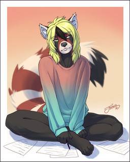 anthro biped bottomless clothed clothing femboy fur hair male piercing sitting solo year feralise whiskey_(redwhiskey) ailurid mammal red_panda 2016 dated signature