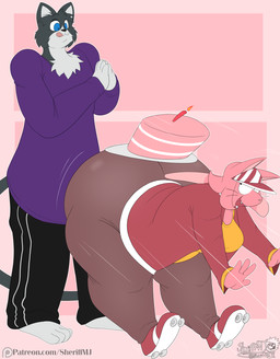 anthro big_breasts big_butt birthday_cake black_body black_fur breasts butt cake candle clothing dessert duo female fire food footwear fur huge_butt looking_at_another looking_back male pink_background pink_body pink_fur quad_skates roller_skates simple_background text thick_thighs visor masterj291 patreon domestic_cat felid feline felis mammal 2025 digital_media_(artwork) hi_res url