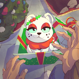 bedroom_eyes christmas_tree digitigrade duo evergreen_tree eyelashes female feral first_person_view freckled_face freckles fur gift glistening_eyelids green_eyes holidays long_eyelashes looking_at_viewer narrowed_eyes person_as_gift person_present plant red_eyelids seductive surprised tail tree white_body the_creacher christmas junipurr domestic_cat felid feline felis human mammal 1:1 2025 hi_res