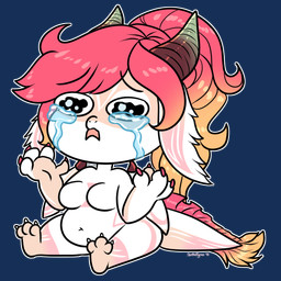 anthro belly bodily_fluids crying featureless_crotch female fur hair horn markings multicolored_hair nude open_mouth orange_hair overweight overweight_anthro overweight_female pink_hair pink_markings simple_eyes sitting solo tail tears two_tone_hair white_body tiggybloom mythology dragon furred_dragon furred_scalie mythological_creature mythological_scalie scalie 1:1 alpha_channel low_res