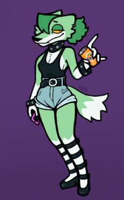 5_fingers anthro belt beverage beverage_can bottomwear breasts clothing denim denim_bottomwear denim_clothing denim_shorts eyebrows female female_anthro fingers fur green_body green_fur green_hair green_tail hair holding_beverage holding_object legwear purple_background shirt shorts simple_background solo tail tank_top topwear yellow_sclera ncs gamecade_(ncs) nance_(ncs) canid canine canis mammal wolf 2026 hi_res