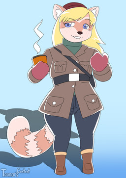 anthro beanie beverage blonde_hair blue_eyes bottomwear clothing coffee coffee_cup container cup freckled_face freckles hair handwear hat headgear headwear jacket jacket_vest mittens pants solo sweater thick_thighs topwear vest winter_boots toonarscontent eva_(toonarscontent) mammal procyonid raccoon absurd_res hi_res