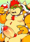 anthro balls belly big_balls bodily_fluids erection exclamation_point fungus genital_fluids genitals male mushroom overweight overweight_anthro overweight_male penis precum simple_background solo thezestiestbone mario_bros nintendo bowser koopa scalie 2020 absurd_res hi_res