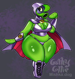 armwear belly black_eyes boots breasts cape clothing eyeshadow female footwear green_body green_hair grey_background hair hood huge_thighs leaf leaf_arms leaf_hair makeup not_furry plant plant_hair pseudo_hair purple_armwear purple_cape purple_clothing purple_eyeshadow purple_footwear purple_hood purple_mask purple_shoes purple_thong purple_topwear purple_underwear shoes simple_background siphon_(anatomy) slightly_chubby slightly_chubby_female slightly_chubby_humanoid solo text thick_thighs thong three-quarter_view topwear underwear yellow_sclera gothycollie electronic_arts plants_vs._zombies plants_vs._zombies_heroes popcap_games green_shadow elemental_creature elemental_humanoid flora_fauna humanoid peashooter_(pvz) plant_humanoid 2025 artist_name colored digital_media_(artwork) hi_res shaded