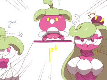 ambiguous_gender angry female genitals group not_furry plant plump_labia podium trio vulva slem nintendo pokemon bounsweet elemental_creature flora_fauna generation_7_pokemon humanoid pokemon_(species) steenee tsareena 2026 4:3 aliasing digital_media_(artwork)