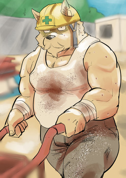 anthro armor belly big_belly black_nose bodily_fluids clothing construction_worker detailed_background facial_hair hard_hat headgear helmet humanoid_hands kemono male musclegut muscular mustache outside shirt solo sweat three-quarter_view topwear underwear wheelbarrow worker working ujishiyo knight_captain_(ujishiyo) canid canine canis domestic_dog mammal 2022 hi_res