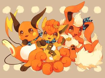 4deko accessory ambiguous_gender black_inner_ear black_pawpads blush brown_body brown_fur fangs feet feral floppy_ears fluffy fluffy_tail fur group hair hair_accessory hand_holding long_tail multi_tail orange_body orange_eyes orange_fur orange_hair orange_pawpads pawpads ribbons smile tail teeth toes trio tuft yellow_body yellow_fur yellow_inner_ear yellow_pawpads nintendo pokemon canid canine eeveelution flareon generation_1_pokemon mammal pokemon_(species) raichu rodent vulpix 2015