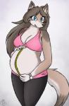 anthro belly big_belly breasts cleavage clothed clothing female looking_at_viewer pregnant pregnant_anthro pregnant_female solo tape_measure barn-flakes geckoguy123456789 jennifer_(geckoguy123456789) canid canine canis mammal wolf