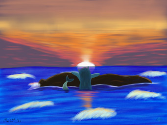 ambiguous_gender anthro blue_body blue_hair calm cloud cloudy_sky fin fish_tail hair leaning_on_object leaning_on_shoulder legless long_hair looking_away mermaid_tail orange_sky outside partially_submerged partly_cloudy purple_sky red_sky reflection rock sea sky solo split_form staring_off sun sunset tail tail_fin water wave yellow_sky bbear cherith_(bbear) aquatic humanoid merfolk siren 2026 4:3 absurd_res dated digital_drawing_(artwork) digital_media_(artwork) hi_res pastel_(artwork) pastel_theme shaded signature traditional_media_(artwork)