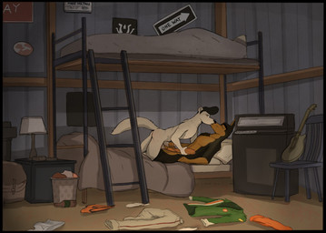 amplifier anthro anthro_on_anthro bed bedding black_hair bottle bottomwear bunk_bed butt chair clothing cloudco container detailed_background discarded_clothing duo electric_guitar erection foreskin furniture genitals guitar hair handjob humanoid_genitalia humanoid_penis kissing ladder lamp lying male male/male musical_instrument nude on_back pants penile penis pillow plucked_string_instrument pompadour sex shirt string_instrument tail topwear trash trash_can underwear delirost buddy_thunderstruck_(series) buddy_thunderstruck_(character) darnell_(buddy_thunderstruck) canid canine canis domestic_dog mammal mustelid musteline true_musteline weasel 2018