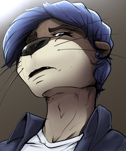 anthro blue_ear_piercing blue_eyes blue_hair brown_background brown_body brown_fur clothed clothed_anthro clothed_male clothing frown frowning_at_viewer fur glaring_at_viewer hair looking_at_viewer male narrowed_eyes shirt simple_background solo tan_body tan_fur teeth topwear whiskers white_clothing white_shirt white_topwear pandottermon mammal mustelid otter 2026 5:6 colored hi_res reaction_image
