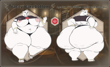 4_toes 5_fingers anthro areola beckoning big_areola big_breasts big_butt black_border border bracelet breasts butt cellulite clothed clothed_anthro clothed_female clothing curvy_figure ear_piercing ear_ring feet female female_anthro fingers footwear front_view fur gesture hair hand_on_butt hand_on_leg hand_on_own_butt hand_on_own_leg hand_on_own_thigh hand_on_thigh heart_symbol huge_breasts huge_butt huge_hips huge_thighs humanoid_hands hyper hyper_butt hyper_hips hyper_thighs jewelry looking_at_viewer looking_back looking_back_at_viewer multiple_angles navel nipple_dip nipple_slip nipples piercing pink_areola pink_nipples rear_view ring_piercing sandals shirt shoes short_hair short_tail skindentation solo stated_age stated_height stated_species stated_weight tail text thick_thighs thong toes topwear under_boob underwear voluptuous voluptuous_anthro voluptuous_female white_body white_fur wide_hips skarlett_cynder_(artist) tracey_barebottom bear mammal polar_bear ursine 2025 character_name english_text hi_res model_sheet