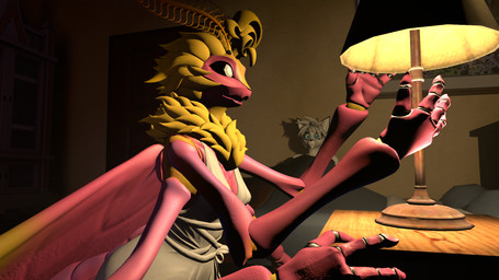 anthro black_eyes blonde_hair clotches duo female hair inside male male/female open_mouth shocked joker0 leo_(atoastedorange) parabellam_(warfaremachine) arthropod canid canine fox insect mammal 16:9 3d_(artwork) digital_media_(artwork) hi_res widescreen
