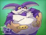 anthro belly belly_overhang belly_tuft belt big_ears chest_tuft clothing double_chin embarrassed fluffy fur gloves handwear male moobs mostly_nude navel null overweight overweight_male purple_body purple_fur solo text tuft white_body white_fur justwatchingthings sega sonic_the_hedgehog_(series) big_the_cat felid feline mammal english_text hi_res