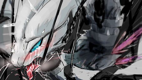 ambiguous_gender blue_eyes blush bodily_fluids bound chain chained feral looking_pleasured saliva simple_background solo tears tongue tongue_out white_body megusuri nintendo pokemon generation_5_pokemon legendary_pokemon pokemon_(species) reshiram 16:9 widescreen
