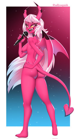 areola breasts butt electronics eyelashes fangs feet female hair holding_microphone holding_object horn membrane_(anatomy) membranous_wings microphone nipples not_furry open_mouth pink_body simple_background smile solo spade_tail standing tail teeth toes white_hair wings squish_(artist) hellaverse helluva_boss verosika_mayday demon demon_humanoid humanoid imp mammal succubus absurd_res digital_media_(artwork) hi_res