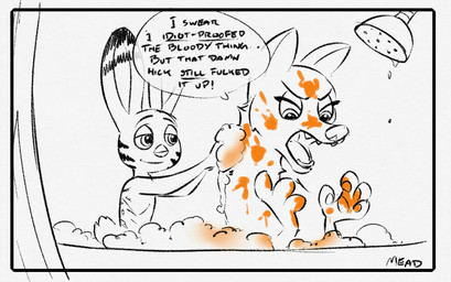 anthro assisted_bathing bath bathing casual_nudity dialogue duo ear_markings facial_markings female head_markings male markings nude shower shower_head side_view speech_bubble text rockbottomfeeder disney zootopia jack_savage skye_(zootopia) arctic_fox canid canine fox lagomorph leporid mammal rabbit true_fox 2016 english_text