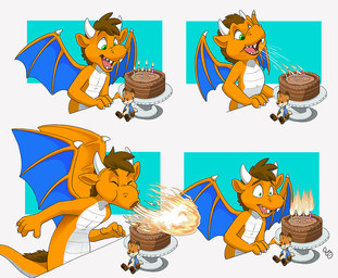 anthro blue_wings breath_powers brown_hair cake candle dessert elemental_manipulation fire fire_breathing fire_manipulation food green_eyes hair happy inhale logo male male_anthro membrane_(anatomy) membranous_wings nude open_mouth open_smile orange_body short_hair smile solo tail white_body wings young young_anthro young_male pandapaco mythology dragon mythological_creature mythological_scalie scalie artist_logo comic signature