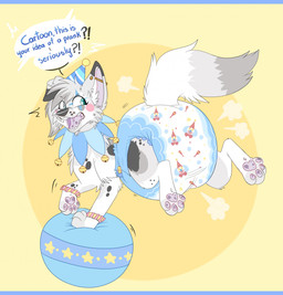 ambiguous_gender angry ball barbell_piercing bell big_diaper black_nose blue_clothing blue_hat blue_headwear clean_diaper clothed clothing cloud_emanata cuff_(restraint) dialogue diaper diaper_puff dipstick_tail ear_piercing emanata feral floppy_ears fur grey_body grey_ear_tips grey_fur grey_spots grey_tail_tip hat headgear headwear inner_ear_fluff jester_outfit makeup markings multicolored_body multicolored_fur multicolored_pawpads multicolored_tail open_mouth party_hat pawpads piercing restraints simple_background solo speech_bubble spots spotted_body spotted_ears spotted_fur spotted_tongue tail tail_markings text tongue tuft wearing_diaper whisker_markings white_body white_fur white_inner_ear_fluff wrist_cuffs yelling yellow_background jupiters sylver_(sylvertears) canid canine canis domestic_dog greyhound hunting_dog hybrid mammal sighthound wolf english_text hi_res letterbox