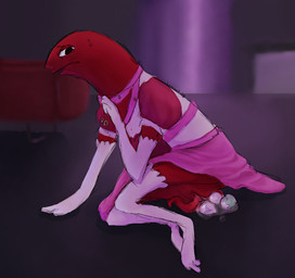 ambiguous_gender anthro bodily_fluids clothed clothing crossdressing duo egg finnathy green_body hat headgear headwear herm intersex maleherm nervous nervous_sweat oviposition red_body sitting sweat witch_hat adult_swim cartoon_network smiling_friends allan_red glep_(smiling_friends) critter_(smiling_friends) hi_res