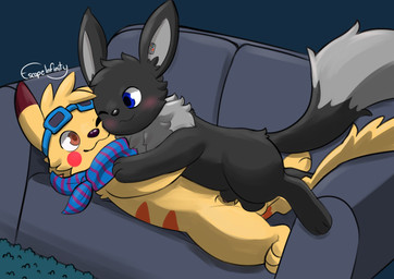 balls black_body black_fur blue_eyes brown_eyes cuddling duo feral fur furniture genitals grey_body grey_fur male male/male penis sofa yellow_body yellow_fur escapeinfinity nintendo pokemon miles_eon sparkychu eevee generation_1_pokemon pikachu pokemon_(species)