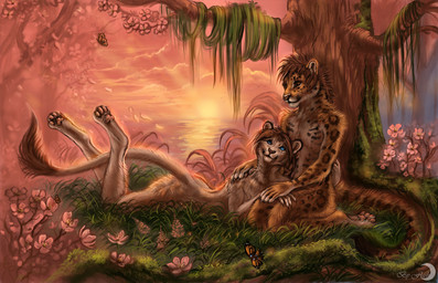4_toes 5_fingers amber_eyes ambiguous_gender anthro bent_legs black_lips blind_eye blue_eyes brown_body brown_eyes brown_fur brown_spots calves_up detailed_background digitigrade dipstick_tail duo_focus evening eye_contact feet fingers flower flying fur grass group hair hindpaw humanoid_hands inner_ear_fluff insect_wings kneeling lips long_mouth looking_at_another love lying mane mane_hair markings meadow moss multicolored_tail nature no_sclera nude on_front on_lap orange_body orange_eyes orange_fur orange_wings outside pawpads paws pink_nose plant raised_calf sea seaside shadow short_hair size_difference sky smile snout spots spotted_body spotted_fur sun sunset tail tail_markings toes tree tuft water whiskers white_body white_fur wings flashw furan_ircas root arthropod butterfly felid insect lepidopteran mammal 2015 detailed digital_media_(artwork) digital_painting_(artwork) painting_(artwork)