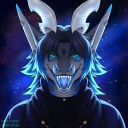 anthro big_ears black_hair blue_eyes blue_hair clothed clothing ear_piercing ear_ring fangs front_view gauged_ear grey_body hair horn looking_at_viewer male male_anthro multicolored_hair narrowed_eyes open_mouth piercing pupils ring_piercing slit_pupils solo teeth two_tone_hair white_horn rayliicious mythology dragon mythological_creature mythological_scalie scalie 1:1 2025 bust_portrait dated icon portrait signature