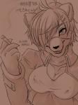 anthro breasts clothed clothing eye_patch eyewear female fully_clothed hair kemono nipple_outline open_mouth short_hair smoke smoking solo ehime_mikan canid canine canis domestic_dog mammal 3:4