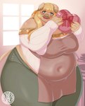 anthro apron big_breasts blonde_hair bottomwear breasts clothed clothing female fingers green_eyes hair holidays huge_breasts inside logo long_hair obese open_mouth overweight overweight_anthro overweight_female pants solo standing tan_body teeth text thick_thighs tongue topwear sasanoha6011 valentine's_day domestic_pig mammal suid suine sus_(pig) absurd_res artist_logo hi_res japanese_text portrait three-quarter_portrait