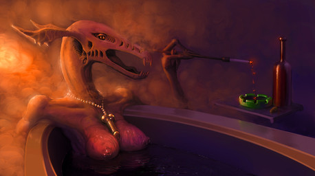 anthro areola ashtray bathing bottle breasts cigarette container dildo fangs female genitals jewelry looking_at_viewer necklace nipples non-mammal_breasts open_mouth sex_toy short_story smoke smoking solo teeth water meandraco monster 2017 absurd_res digital_media_(artwork) hi_res story story_in_description