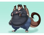 2_horns anthro belly belly_overhang big_belly big_moobs blue_eyes brown_body brown_fur brown_hair cellphone clothed clothing digitigrade electronics fully_clothed fur hair horn huge_belly hyper_pear male membrane_(anatomy) membranous_wings moobs morbidly_obese morbidly_obese_male obese obese_male overweight overweight_male pear-shaped_figure phone simple_background solo tail thick_thighs wide_hips wings biglovealicia mythology canid canine canis dragon hybrid mammal mythological_creature mythological_scalie scalie wolf 2023 cel_shading full-length_portrait hi_res letterbox portrait shaded