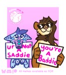 bodily_fluids crying duo eyewear female front_view holding_object holding_sign logo male pink_background sign silly simple_background sunglasses tears text luckfoxo33 canid canine felid fox lion mammal pantherine artist_logo comic english_text meme