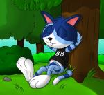 anthro barefoot biped blue_body blue_fur blue_stripes buckteeth clothing eyes_closed feet fur grass male multicolored_body multicolored_fur outside plant shirt solo stripes teeth topwear tree two_tone_body two_tone_fur white_body white_fur cpctail animal_crossing nintendo moe_(animal_crossing) domestic_cat felid feline felis mammal hi_res