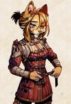 anthro armor belt belt_buckle black_nose blonde_hair blue_eyes breasts buckle clothed clothing dressing_up eyebrows facial_scar fastening_belt female fur gambeson hair inner_ear_fluff looking_down multicolored_body multicolored_fur pupils red_pupils scar small_breasts solo standing tied_hair tuft two_tone_body two_tone_fur yellow_body yellow_fur cerbera canid canine mammal 2023 digital_media_(artwork) half-length_portrait hi_res portrait