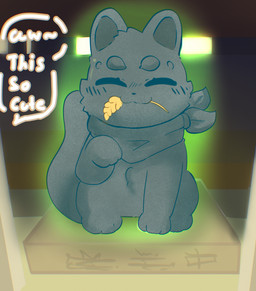 ambiguous_gender aura blush eyes_closed female feral fur fur_markings looking_at_viewer markings paws sculpture simple_background smile solo statue tail text fu_kawa asian_mythology fabulous_beasts fenz_(studio) mythology fuzai_(fabulous_beasts) canid canine felid fox mammal absurd_res hi_res