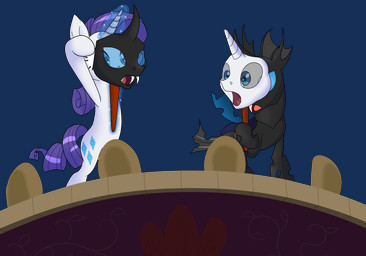 black_body blue_eyes cutie_mark duo fangs female feral fur glowing hair horn insect_wings long_hair magic mask open_mouth purple_hair stage standing teeth tongue white_body white_fur wings xonxt friendship_is_magic hasbro my_little_pony mythology rarity_(mlp) arthropod changeling_(mlp) equid equine mammal mythological_creature mythological_equine unicorn alpha_channel hi_res