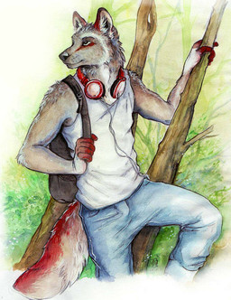 anthro backpack electronics fur grey_body grey_fur headphones male markings outside red_markings solo tanutanuki 2016