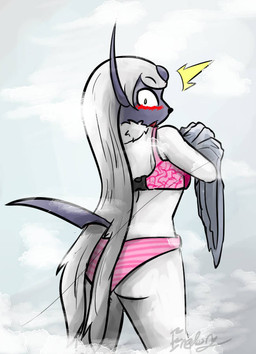 anthro blush bottomwear bra clothed clothing female looking_back panties pattern_bottomwear pattern_clothing pattern_panties pattern_underwear pink_bra pink_clothing pink_panties pink_underwear rear_view solo striped_bottomwear striped_clothing striped_panties striped_underwear stripes surprised underwear underwear_only fredory nintendo pokemon absol generation_3_pokemon pokemon_(species)