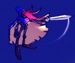 blue_background cape clothing hair hat headgear headwear mask melee_weapon not_furry orange_hair puppet red_eyes scarf simple_background sword weapon typicallyamused mario_bros nintendo super_mario_rpg_legend_of_the_seven_stars geno_(mario) humanoid absurd_res hi_res