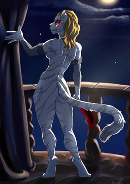 5_fingers anthro blonde_hair detailed_background female fingers fur hair night outside red_eyes sky solo standing star starry_sky omesore microsoft the_elder_scrolls sheta domestic_cat felid feline felis khajiit mammal vampire 2019 digital_media_(artwork) hi_res