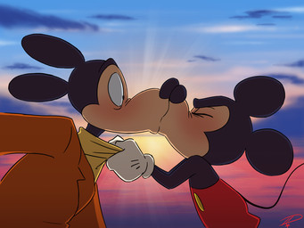 anthro blush bottomwear clothed clothing cloud coat detailed_background duo eyes_closed gloves handwear holding_person horizon jacket kiss_on_lips kissing looking_at_another male male/male partially_clothed shirt_grab shorts sky standing sunrise sunset surprise_kiss surprised sweater topwear micaxiii disney mickey_mouse mortimer_mouse house_mouse mammal mouse murid murine rodent hi_res