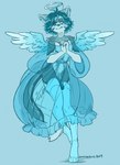 anthro biped clasped_hands clothed clothing dress ear_piercing feathered_wings feathers femboy genitals hair halo hands_together male penis piercing simple_background solo standing translucent translucent_clothing translucent_dress wings caninelove angel canid canine mammal 2019 blue_theme digital_media_(artwork) full-length_portrait hi_res monochrome portrait