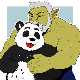 anthro barazoku bite biting_another biting_partner black_body black_fur blush blush_lines brown_hair chest_tuft ear_bite fur green_body hair hairy hug male markings multicolored_body multicolored_fur musclegut muscular nipples play_bitting romantic romantic_couple smile spots spotted_body spotted_fur tuft white_body white_fur zavrise azure_(pupblueslut) torug_(pupblueslut) bear giant_panda mammal orc 1:1 2026 hi_res